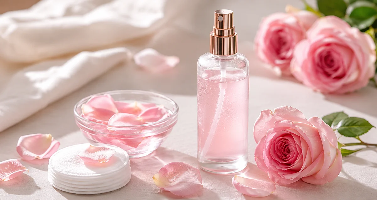 Glass bottle of pink skincare toner with rose petals, cotton pads, and fresh pink roses on a light surface.